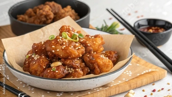 Obraz stock photo of Dakgangjeong is a deep fried crispy chicken dish glaze food photography