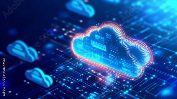 Fototapeta An AI-driven cloud computing concept illustrating secure file sharing, automated backups, and data encryption. The glowing digital interface represents advanced cybersecurity measu
