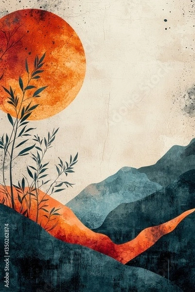Fototapeta Abstract landscape with vibrant sun and minimal natural elements