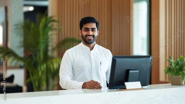 Obraz Elegant Indian Hotel Receptionist Welcoming Guests at a Stylish Front Desk A professional Indian hotel receptionist stands at a sleek, contemporary reception desk, warmly greeting