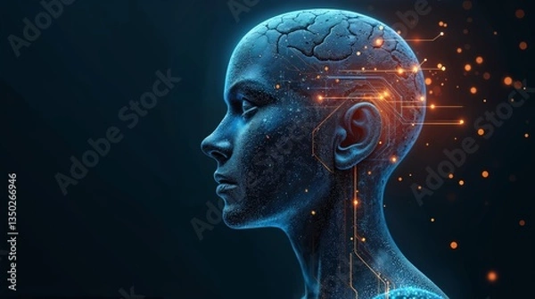 Fototapeta A striking half-human, half-AI face transitioning into a glowing network of circuits, representing the fusion of artificial intelligence, data, and futuristic technology.