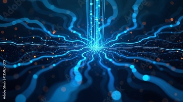 Fototapeta A digital representation of an AI neural network forming interconnected glowing data pathways, symbolizing artificial intelligence, deep learning, and smart computing.