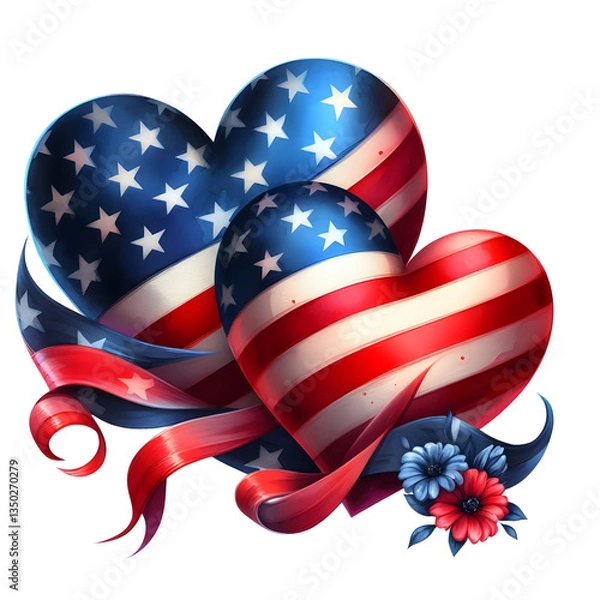 Fototapeta Memorial Day watercolor hearts with an American flag in red and blue, isolated on transparent background