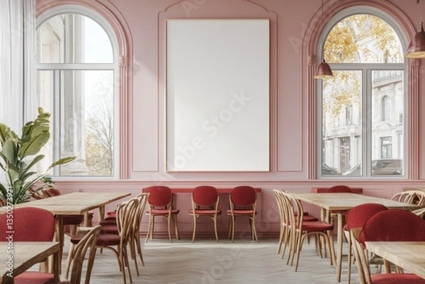 Fototapeta Pink Restaurant Interior Mockup; Empty Frame, Tables, Chairs