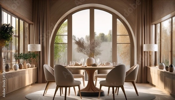 Fototapeta  A refined dining space with a round stone-topped table and plush upholstered chairs, with an