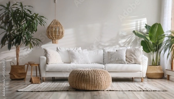 Fototapeta A Scandinavian-style living room with a wicker pouf and white fabric sofa, complemented by a