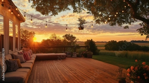 Fototapeta Backyard deck with cushioned bench seating, hanging string lights, and golden sky at sunset
