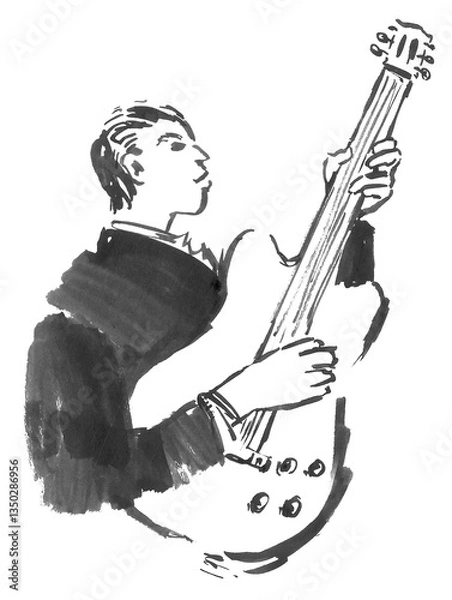 Obraz Hand-drawn jazz guitar player – black ink illustration of musician playing guitar on transparent background