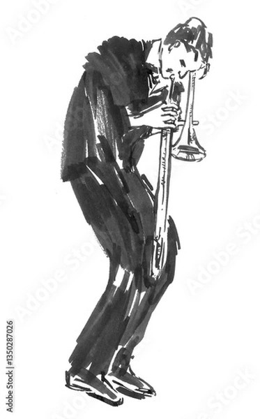 Obraz Hand-drawn French horn player – black ink illustration of jazz musician with horn on transparent background