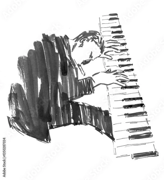 Obraz Hand-drawn jazz piano player – black ink illustration of musician at piano on transparent background