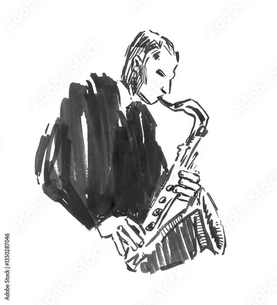 Obraz Hand-drawn trumpet player – black ink illustration of jazz musician playing trumpet on transparent background