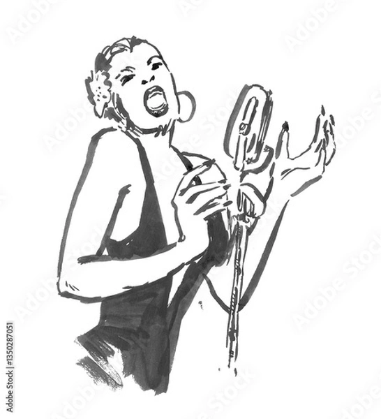 Obraz Hand-drawn jazz singer – black ink illustration of woman singing on transparent background