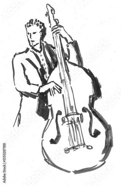 Fototapeta Hand-drawn jazz bass player – black ink illustration of musician on transparent background