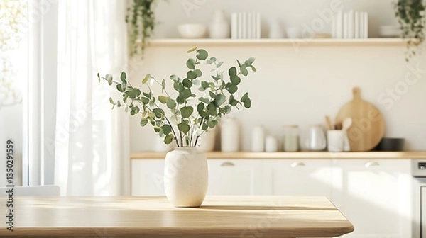 Obraz Light-filled kitchen with eucalyptus vase