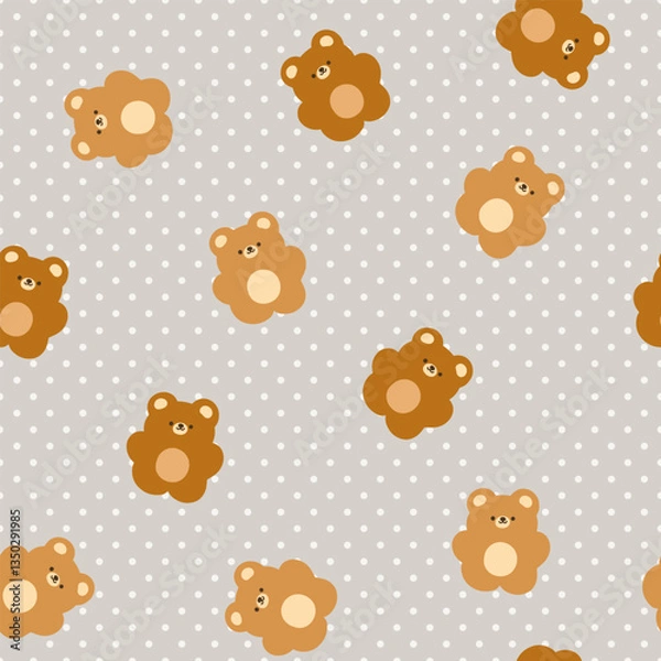 Fototapeta Cute kawaii teddy bears on a polka dot texture grey neutral background, seamless pattern with baby forest animals.