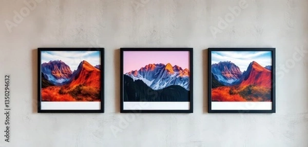 Fototapeta Three framed posters on a textured wall, various styles, pictures, wall decor, gallery