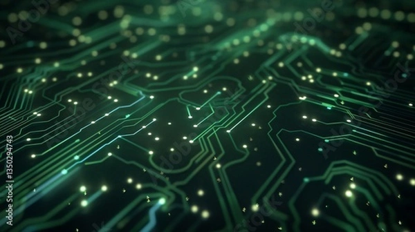 Fototapeta Green circuit board glowing, data streams, tech background, digital future