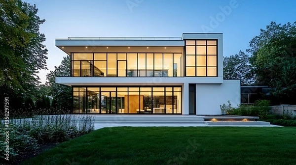 Fototapeta Modern luxury home with large windows, illuminated at dusk, showcasing sleek design and spacious backyard.