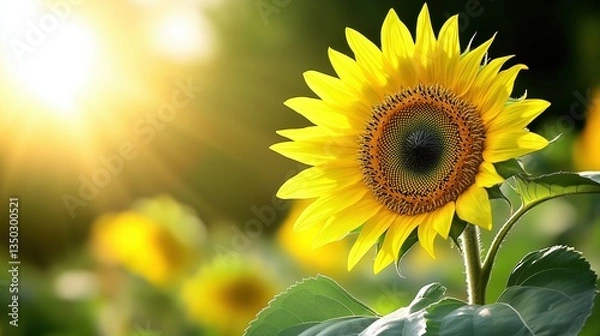 Fototapeta Close-up of a blooming sunflower with golden petals, surrounded by soft green leaves under warm sunlight 