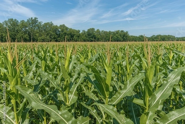Fototapeta Midwestern cornfield in August with deep blue sky with wispy white clouds, tree row in the background