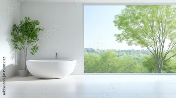 Fototapeta Modern bathroom with large window views of lush greenery