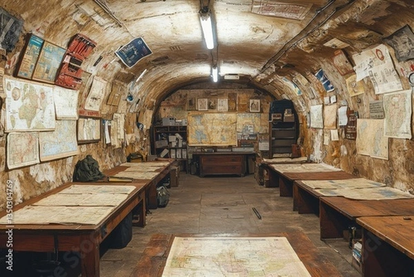 Fototapeta Exploring an underground mapping room with historical maps and wooden tables in a cavernous setting