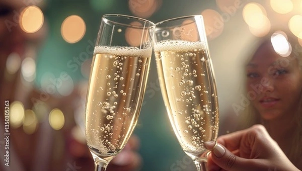 Fototapeta Celebration with sparkling drinks at a festive gathering during the evening hours