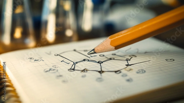 Fototapeta Close-up of a pencil drawing geometric shapes on graph paper with laboratory glassware in the background