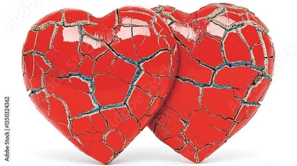 Obraz Two cracked red hearts touching.