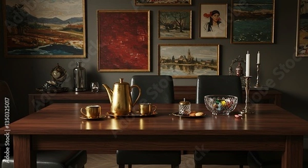 Fototapeta Stylish dining room with a wooden family table, black chairs, teapot with mug, and mockup art paintings on the wall. A modern and elegant home interior inspiration template.