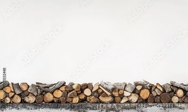 Obraz Neatly Stacked Firewood Against a White Wall in a Cozy Setting, Perfect for Rustic Decor and Home Aesthetics.