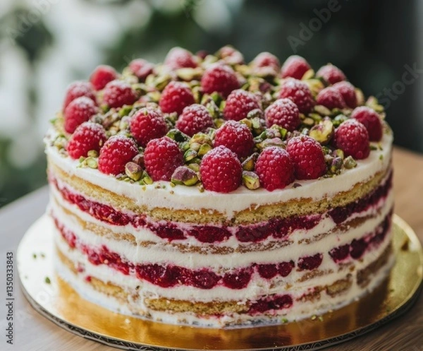 Fototapeta Festive layered raspberry cake with pistachios on a gold plate outdoors