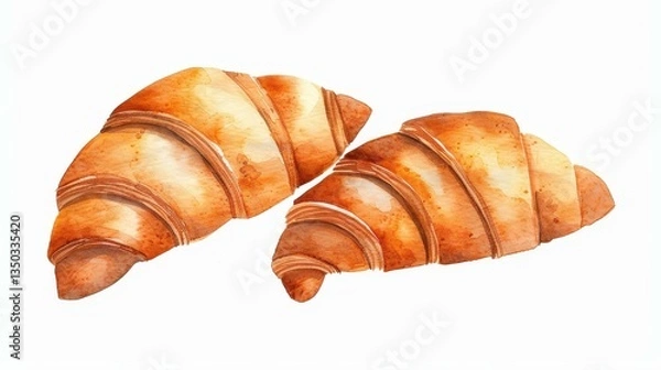 Fototapeta A delicious croissant depicted in vibrant watercolor against a clean white backdrop, showcasing its flaky texture and rich color.