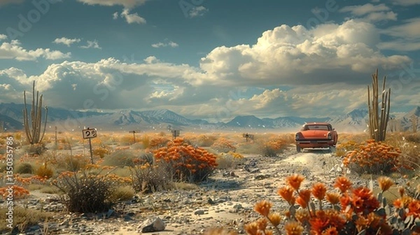 Fototapeta A vintage car parked on a winding desert road surrounded by vibrant orange flowers and mountains