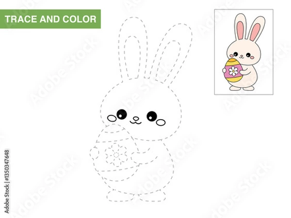 Fototapeta Easter bunny tracing and coloring worksheet for kids. Fun educational activity with a cute rabbit holding an Easter egg. Vector illustration.
