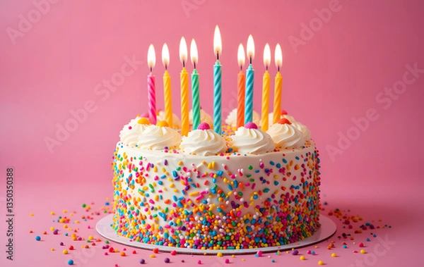 Fototapeta Colorful birthday cake decorated with sprinkles, whipped frosting, and lit candles on a pink background, creating a cheerful and festive celebration scene