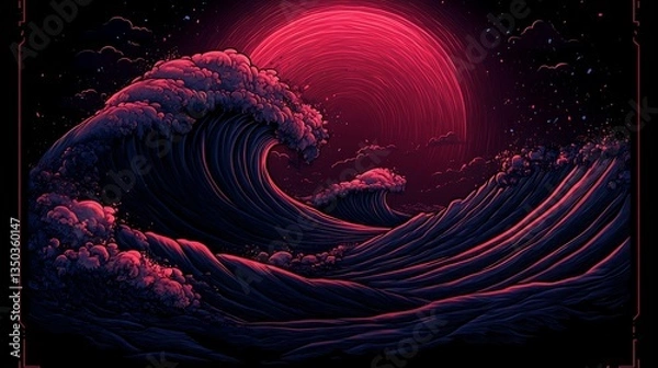 Fototapeta Crimson moon over dark ocean waves.