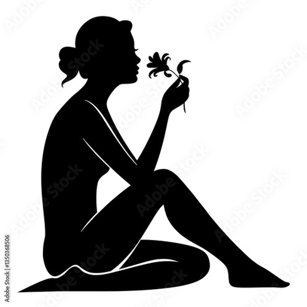Fototapeta Silhouette of a woman sitting and smelling a flower in her hand against a white background art
