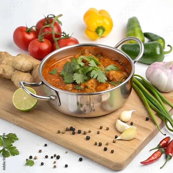 Fototapeta Spicy Chickpea Curry with Fresh Ingredients, A rich and spicy chickpea curry served in a stainless steel pot, surrounded by fresh ingredients