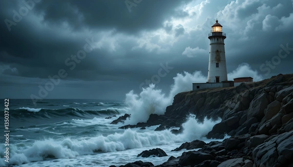 Fototapeta Lighthouse in stormy sea at night guiding ships through rough waters beacon of hope and resilience amidst challenges
