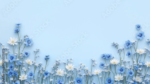 Obraz A detailed botanical border of blue forget-me-nots and white daisies on a pastel sky-blue background. The photorealistic design is light, elegant, and perfect for creating a soft, sophisticated aesthe