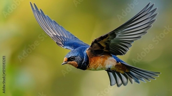 Fototapeta Barn swallow mid flight wings spread wide deep blue rust colored plumage sharp beak blurred countryside background crisp professional capture