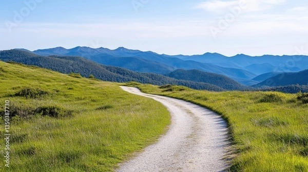Obraz Serene mountain path winds through grassy hills
