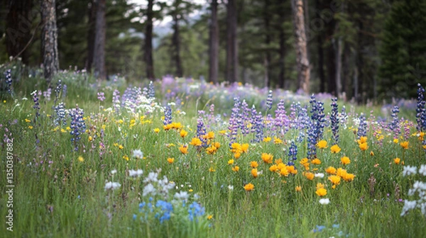Fototapeta Vibrant wildflower meadow in a lush forest, showcasing colorful blooms amidst green foliage