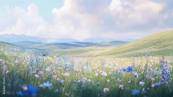 Fototapeta Vibrant meadow filled with colorful wildflowers under a clear blue sky with distant mountains (2)