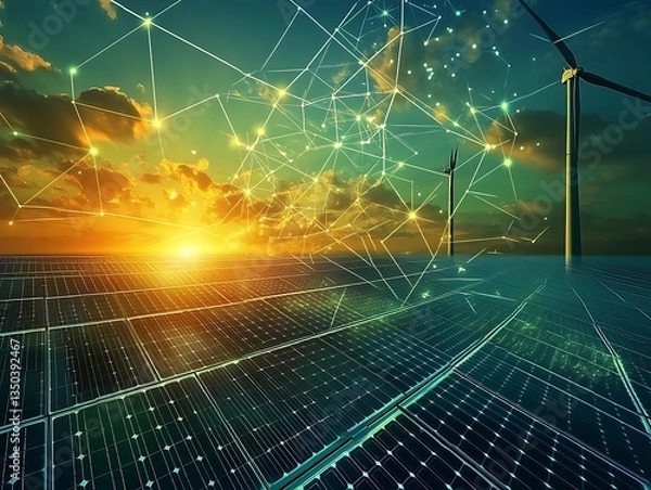 Obraz Solar panels and wind turbines generating clean green sustainable energy