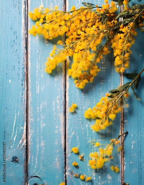 Fototapeta A vibrant bouquet of yellow mimosa blossoms rests on a rustic blue wooden surface. Generative AI