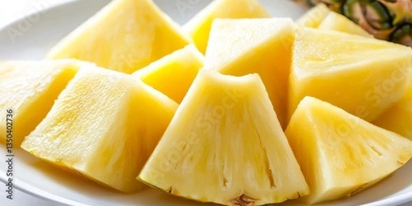 Fototapeta Fresh Cut Pineapple Segments on White Plate for Healthy Snacks