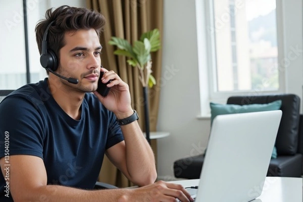 Fototapeta Young Hispanic Male Wearing Headset While Working from Home in Modern Office Environment with Laptop and Windows in Bright Room