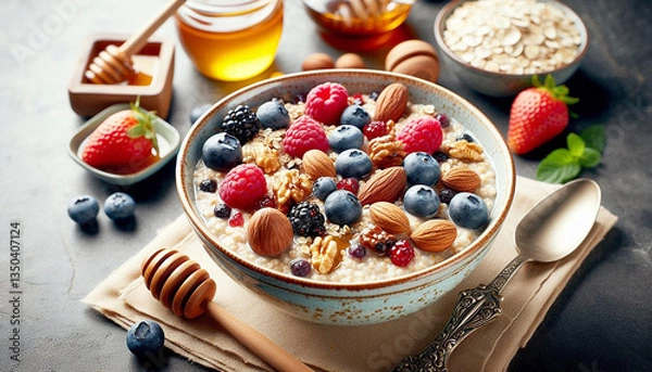 Fototapeta A bowl of oatmeal topped with berries, nuts, and honey, representing a nutritious and wholesome breakfast